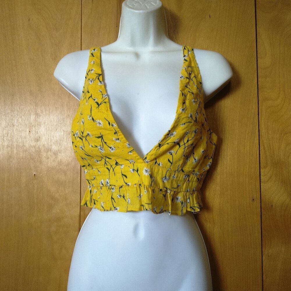 Cali Size 8 Yellow Floral Back Zip Bikini Crop Top Sleeveless Floral Feminine